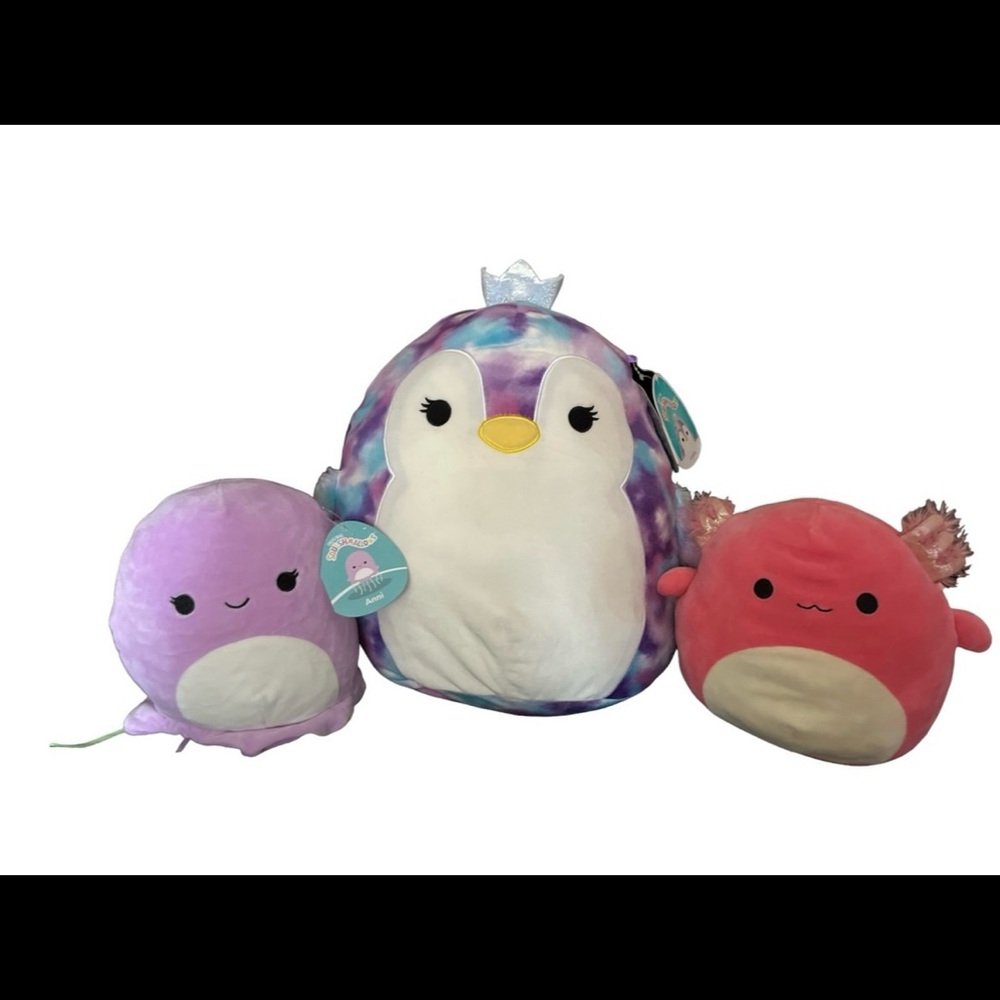 Squishmallows Plush Trio - Purple Octopus, Multicolor Penguin, Red Axolotl